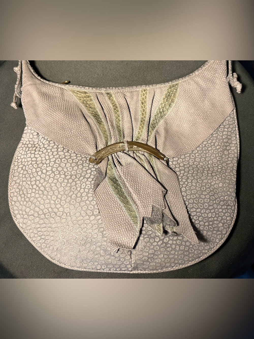 🤯Seven Handbags By Dimitri Gray Suede Snakeskin Abalone Shell Boho Hobo Bag